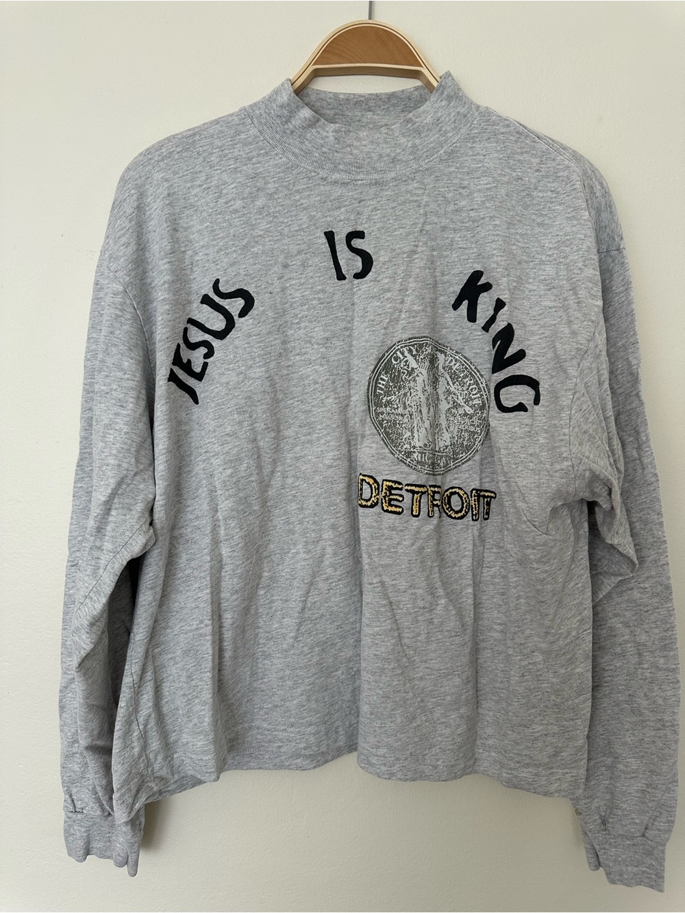 Yeezy Gray 'Jesus Is King' Long Sleeve Tee with Detroit Graphic